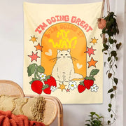 Boho cream cat star strawberry tapestry bedroom wall hanging featuring a cute cat star with daisies and bold text