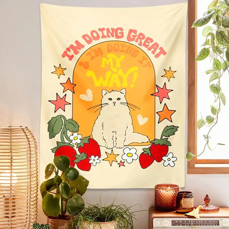 Boho cream cat star strawberry tapestry bedroom wall hanging featuring a cute cat star under an orange arch with flowers
