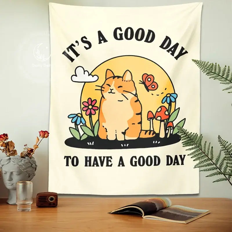 Boho cream cat tapestry featuring an orange tabby with flowers and mushrooms for living room decorbites cat tapestry
