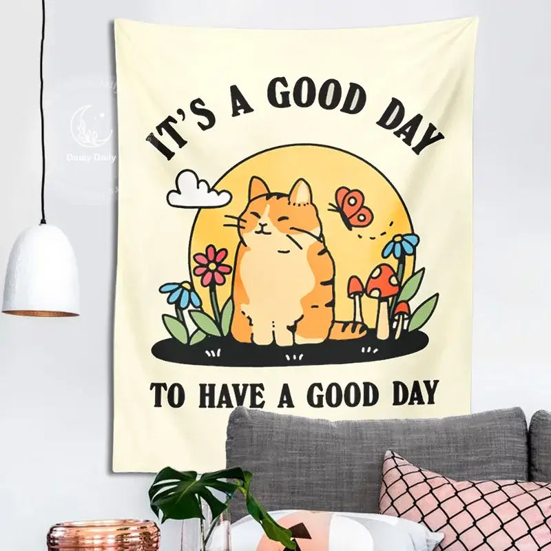 Cream-colored boho decorbites cat tapestry with orange tabby cat flowers mushrooms and sun for living room decor