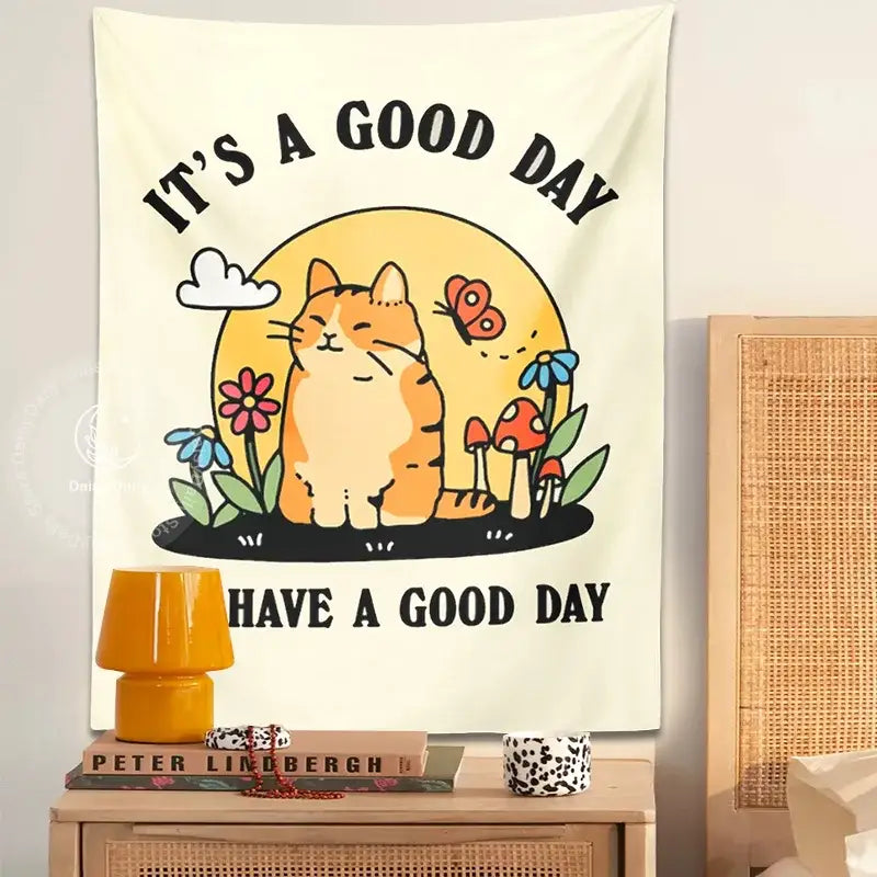 Cream-colored boho decorbites cat tapestry featuring cartoon tabby under sun with flowers and mushrooms for living room decor
