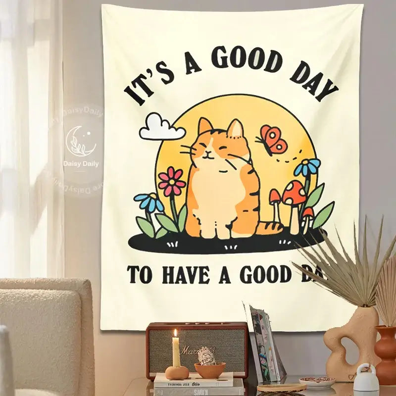 Cream-colored boho cat tapestry with cartoon orange cat under sun flowers mushrooms and butterflies for living room decorbites cat tapestry