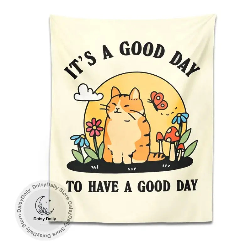 Cream-colored decorbites cat tapestry with orange tabby cat, sun, flowers, and mushrooms for living room decor