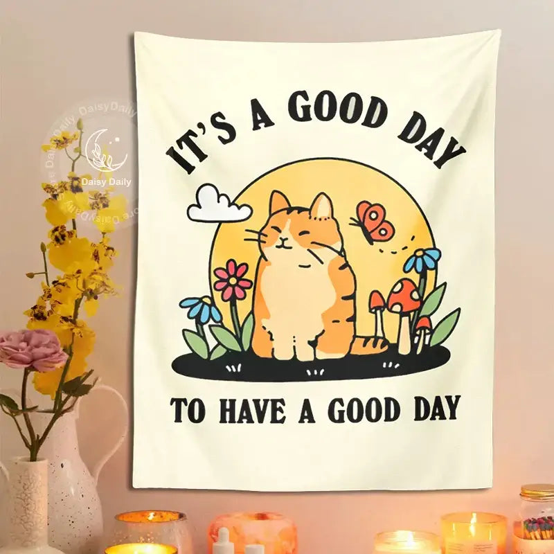 Cream-colored boho decorbites cat tapestry featuring an orange tabby under the sun with flowers and mushrooms for living room decor