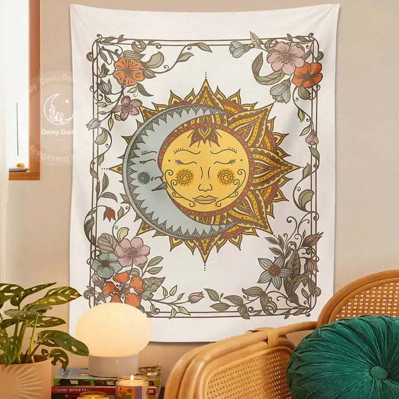 Boho cream celestial sun floral wall tapestry with intricate celestial sun moon design in warm earth tones for bedroom decor