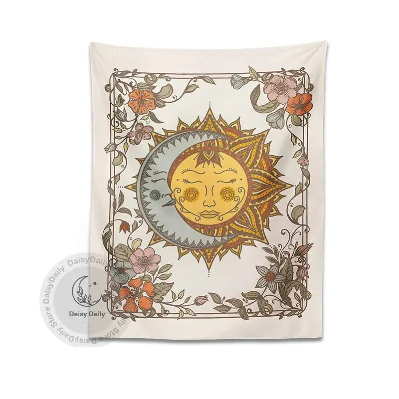 A cream-colored boho celestial sun floral wall tapestry featuring a central sun and moon with ornate smiling faces