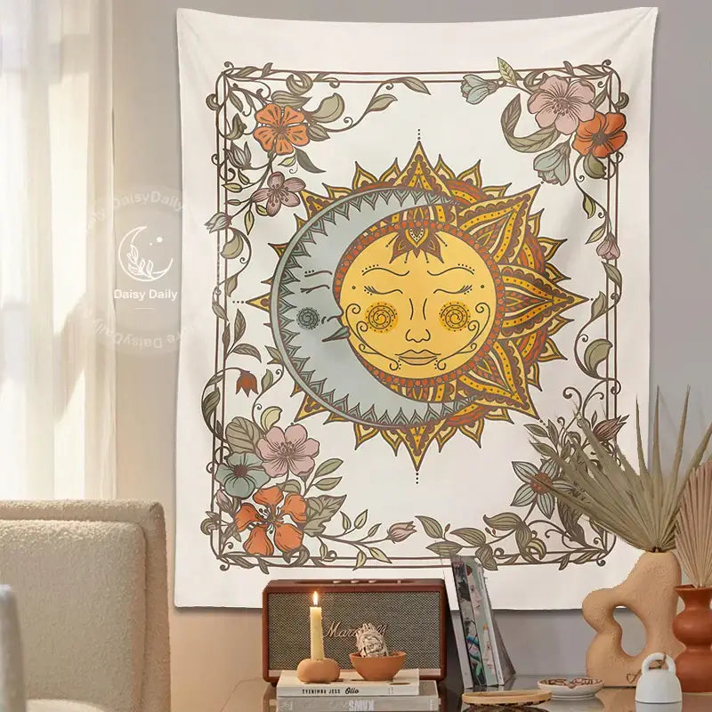 Boho cream celestial sun floral wall tapestry with stylized sun moon and intricate floral borders in warm earth tones