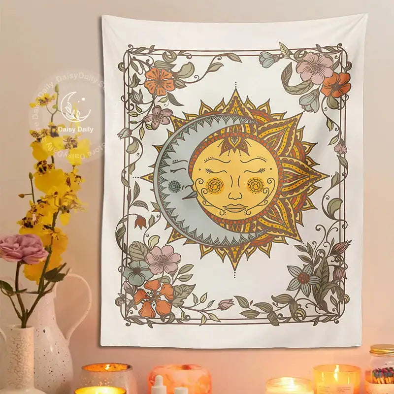 Boho cream celestial sun floral wall tapestry featuring an ornate smiling sun moon with intricate floral decorbites celestial sun