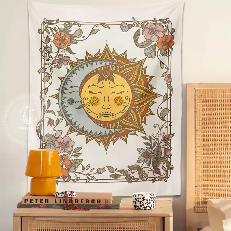 Boho cream celestial sun floral wall tapestry with ornate smiling celestial sun moon design for bedroom decor
