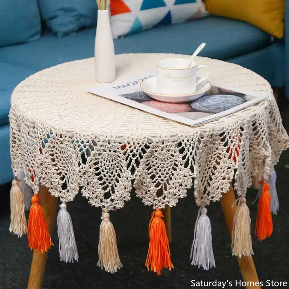 Boho cream cotton macrame tassel wall hanging featuring a crochet tablecloth with lace patterns and colorful tassels decorbites cotton macrame
