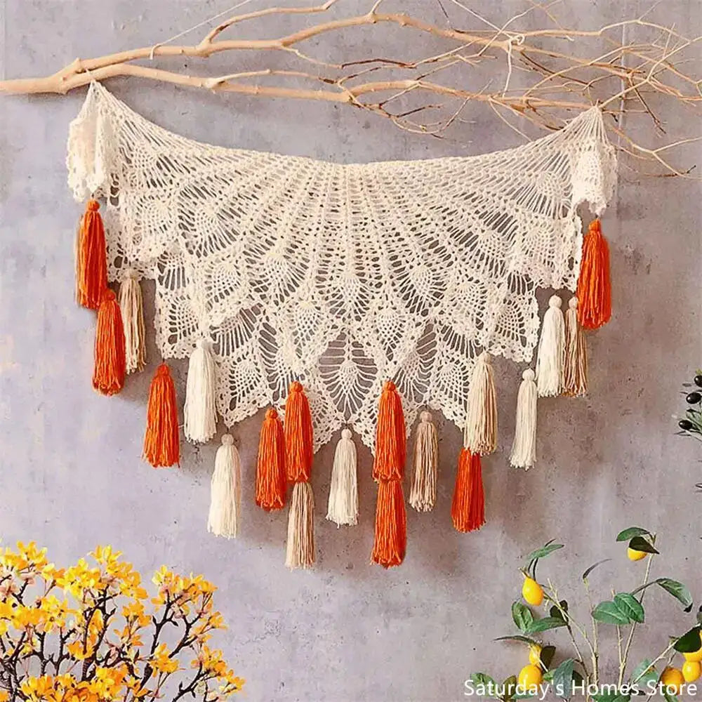 Boho cream cotton macrame tassel wall hanging with lace patterns and orange cream beige tassels for living room decorbites cotton macrame