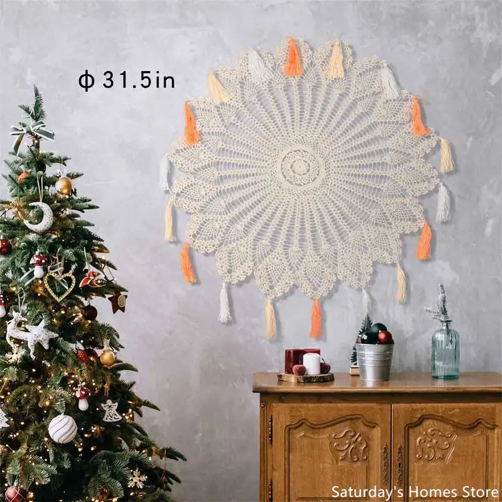Boho cream cotton decorbites cotton macrame tassel wall hanging with sunburst pattern and orange white tassels for living room