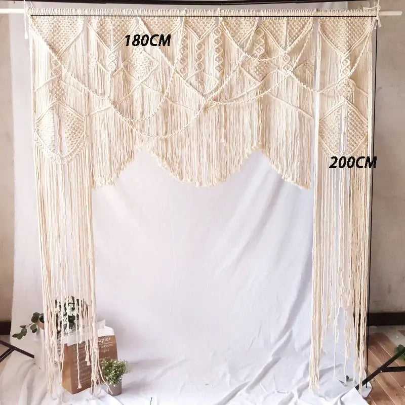 Boho cream cotton macrame wedding backdrop with intricate geometric patterns and long fringe for living room decorbites cotton macrame