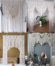 Cream-colored decorbites cotton macrame wall hanging with intricate geometric patterns and fringe for macrame wedding backdrop