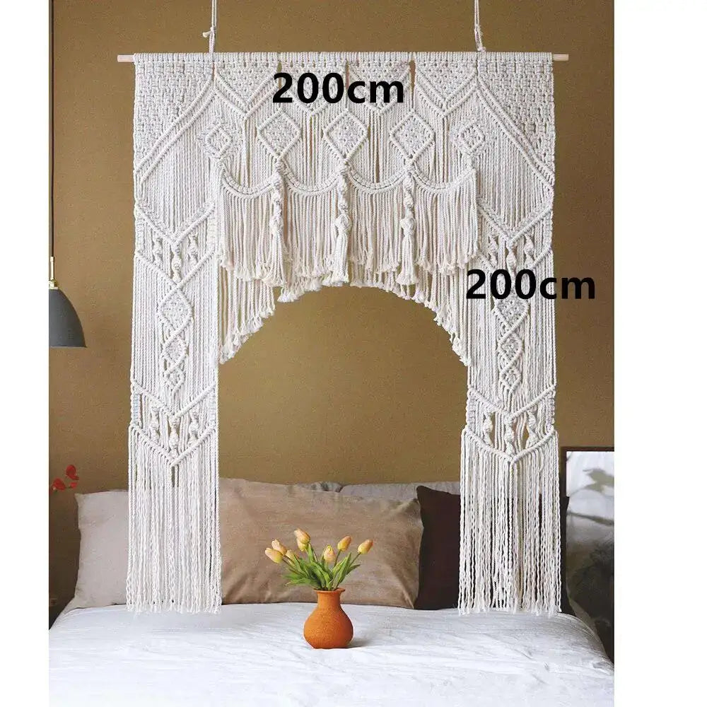 Boho cream cotton macrame wedding backdrop with arched center and long fringe tassels for living room decorbites cotton macrame