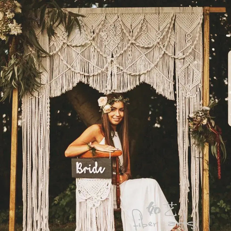 Boho cream cotton macrame wedding backdrop with intricate geometric patterns and long fringe for decorbites cotton macrame decor