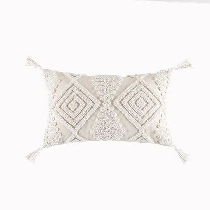 Cream-colored cotton tassels cushion cover with textured geometric embroidery for living room decorbites cotton tassels