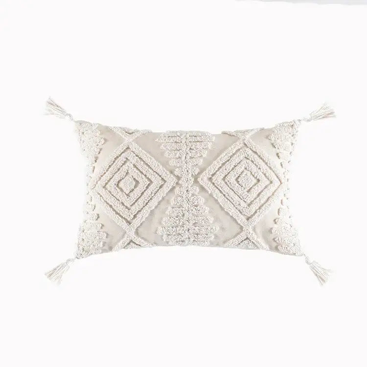 Cream-colored cotton tassels cushion cover with textured geometric embroidery for living room decorbites cotton tassels