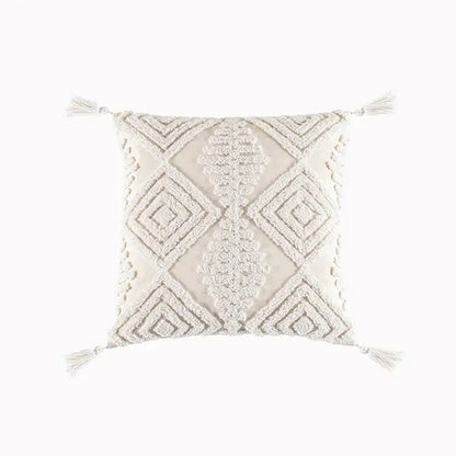 Cream-colored cotton tassels cushion cover with textured geometric embroidery for boho living room decorbites decor