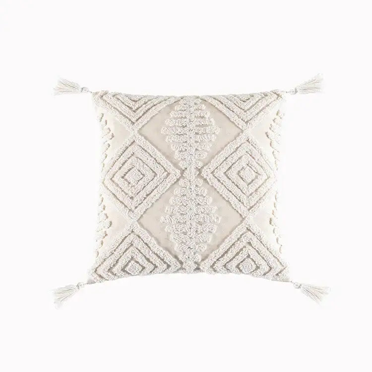 Cream-colored cotton tassels cushion cover with textured geometric embroidery for boho living room decorbites decor