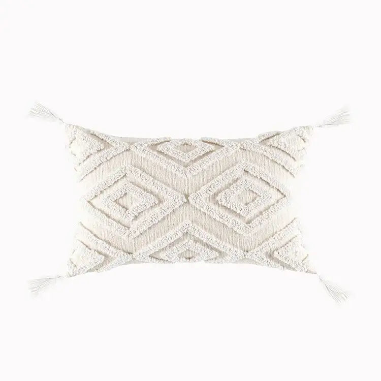 Cream cotton tassels cushion cover with textured geometric diamond pattern and tassels for living room decorbites cotton tassels