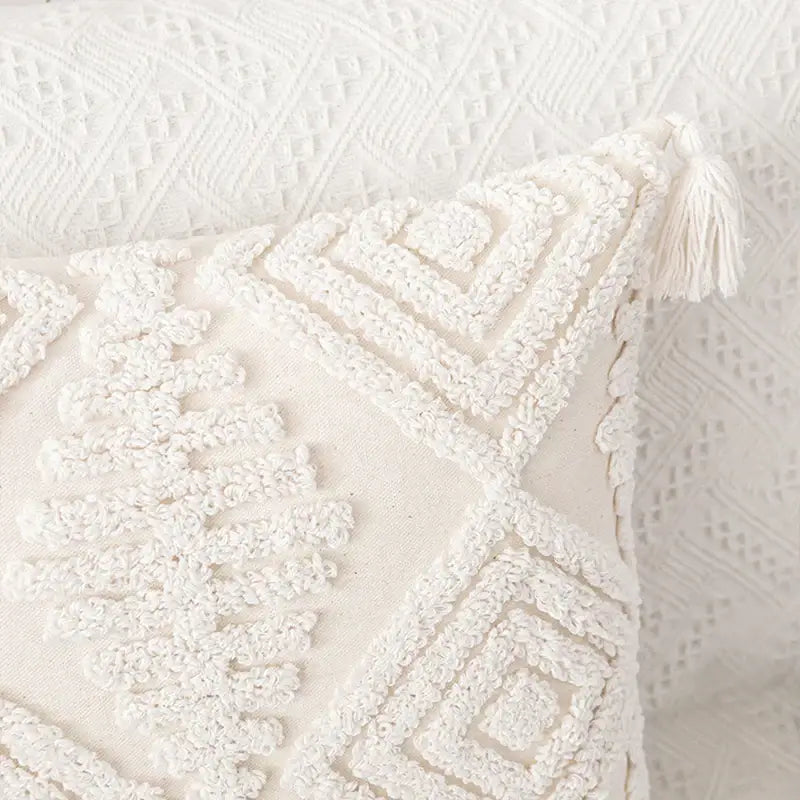Boho cream cotton tassels cushion cover with textured geometric embroidery and cotton tassels white accent for decorbites