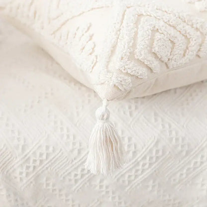 Cream-colored cotton tassels cushion cover with textured embroidered patterns for boho living room decorbites cotton tassels
