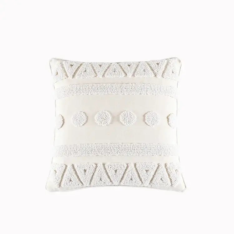Cream-colored cotton tassels cushion cover with textured white geometric patterns and pom-pom accents for living room decorbites cotton tassels