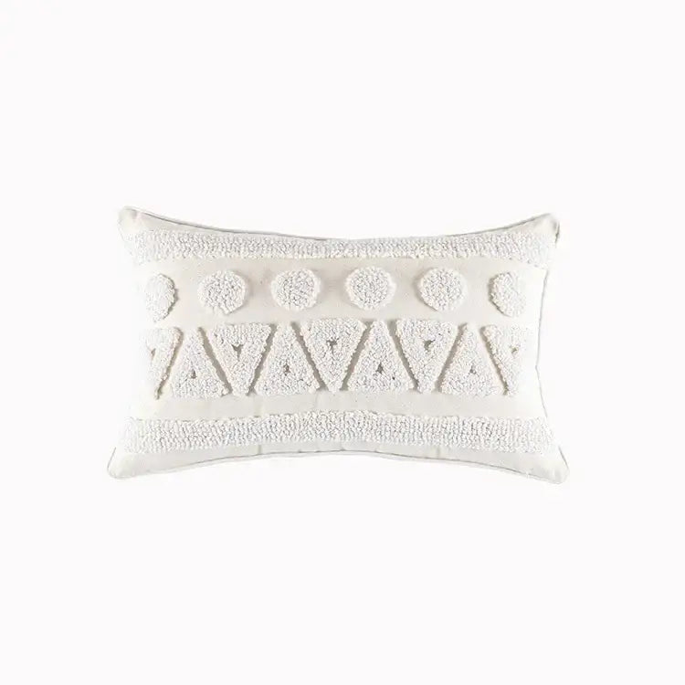 Boho cream cotton tassels white cushion cover with textured embroidered circles and triangles for living room decorbites cotton tassels