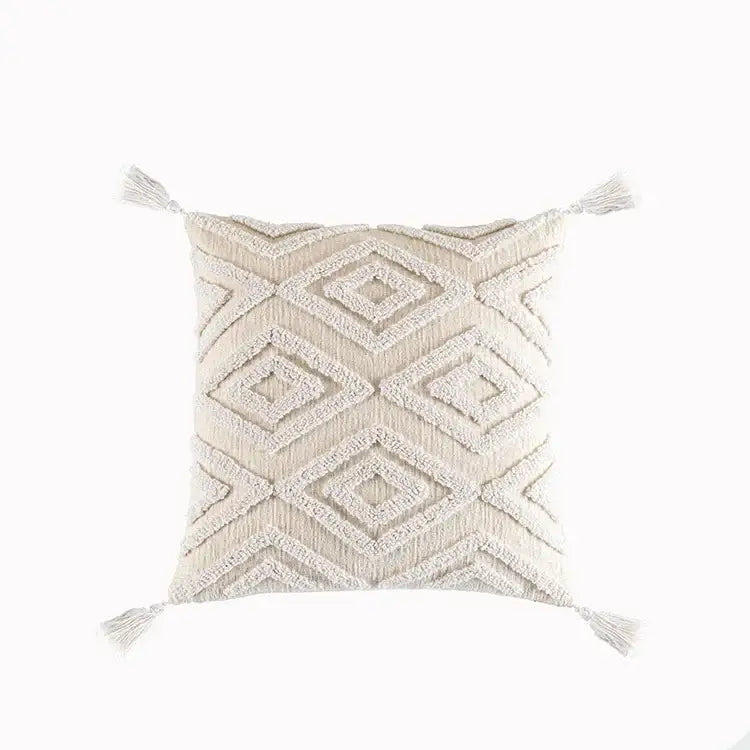 Beige boho cream cotton tassels cushion cover with geometric diamond pattern and tassels for living room decorbites cotton tassels