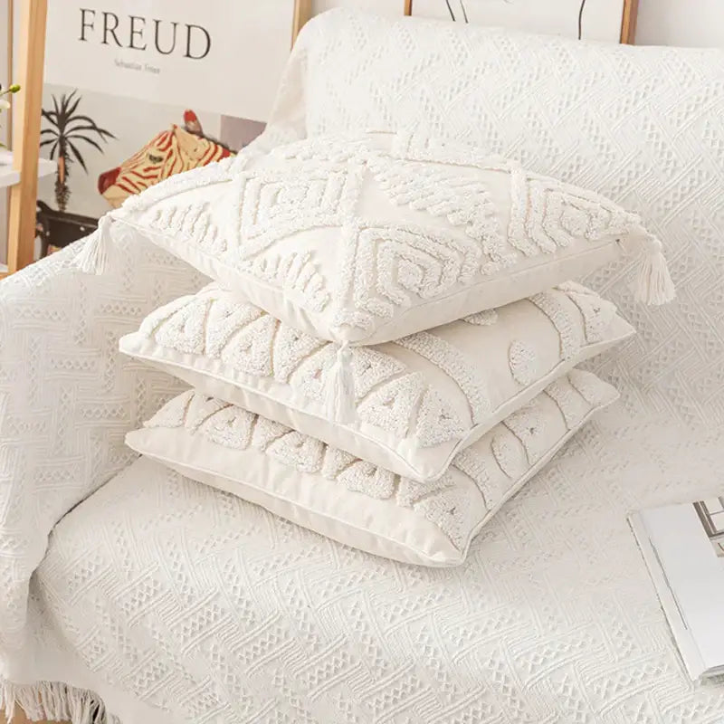 Stacked boho cream cotton tassels cushion covers with white embroidered cotton tassels white decorbites pillow case