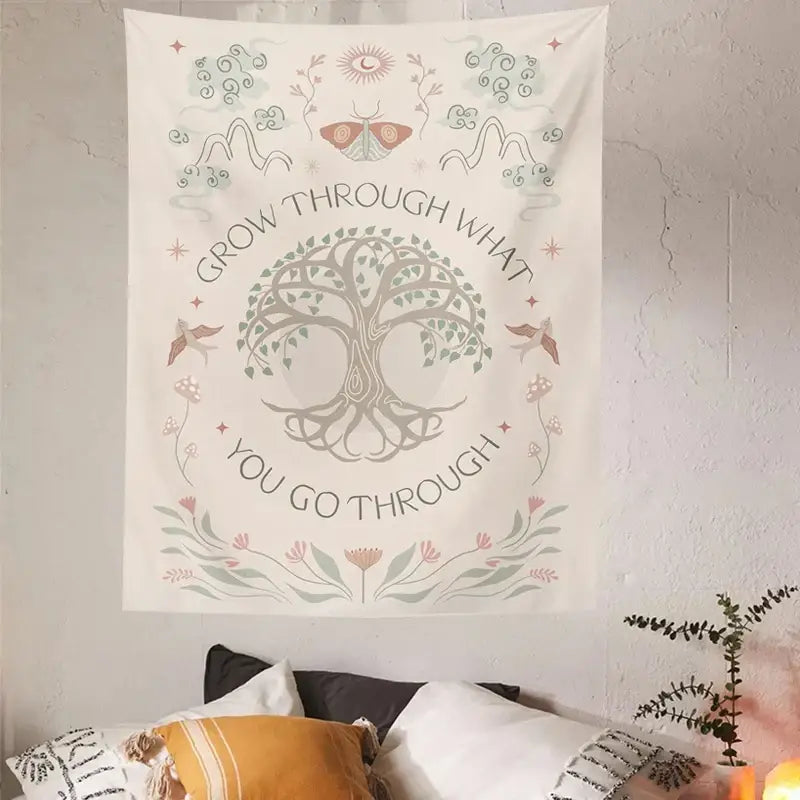 Boho cream decorbites life tree tapestry wall hanging with intricate tree sun moon design and floral accents in soft earth tones