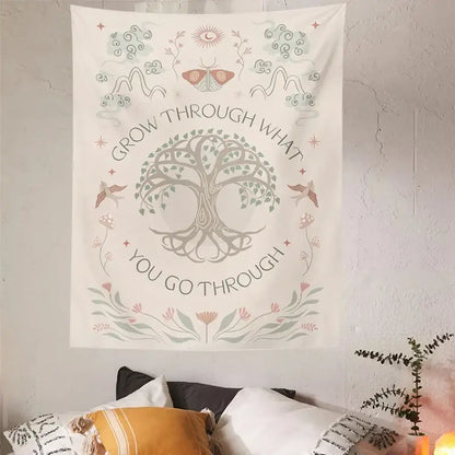 Boho cream decorbites life tree tapestry wall hanging with intricate tree sun moon design and floral accents in soft earth tones