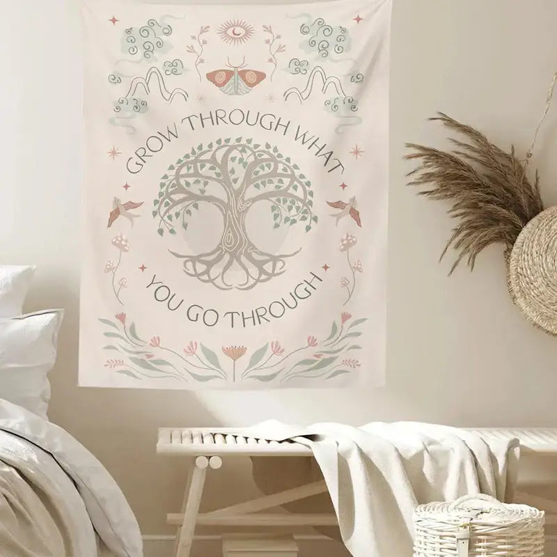 A soft cream decorbites life tree tapestry with intricate roots branches floral patterns and grow through what you go through phrase