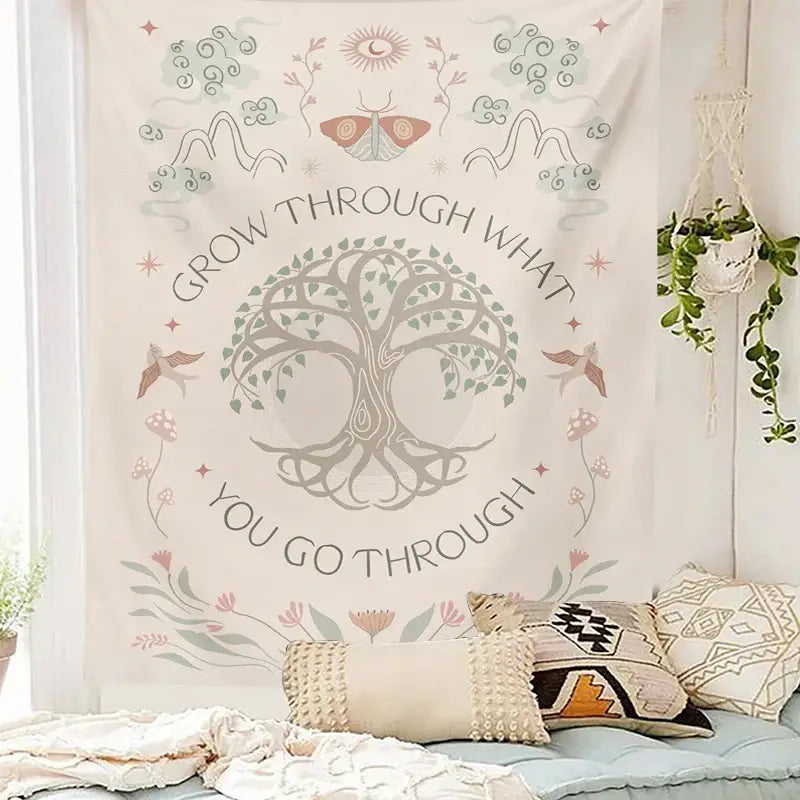 A soft cream decorbites life tree tapestry featuring tree sun moon design with intricate roots and boho bedroom wall hanging