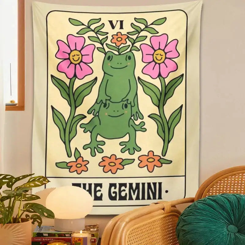 A cream tapestry with gemini frog constellation illustration and floral decorbites gemini frog wall hanging decor