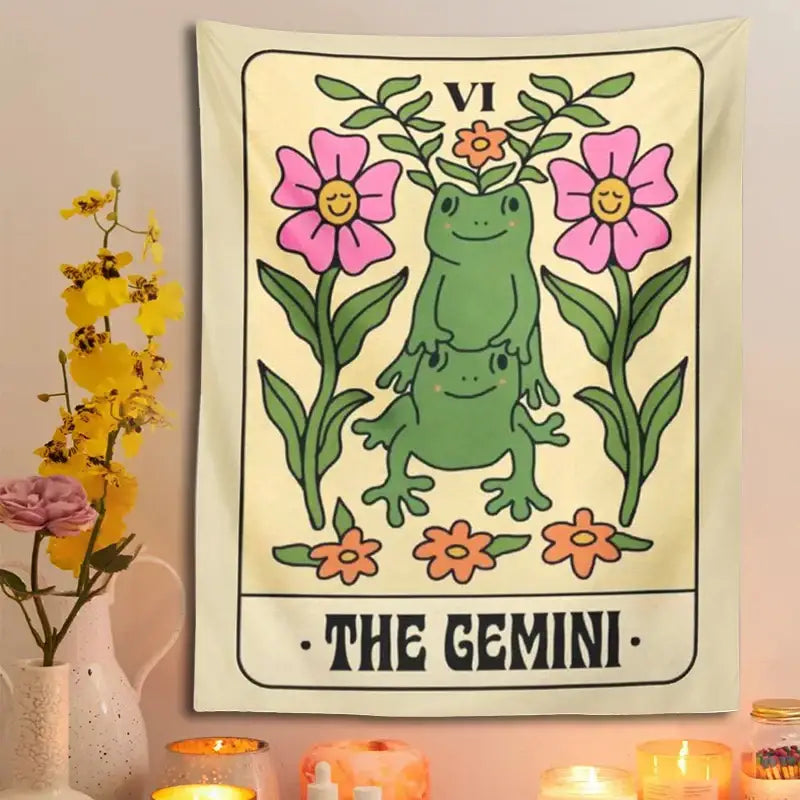 A cream tapestry wall hanging with gemini frog constellation and pink orange flowers for bedroom decorbites decor