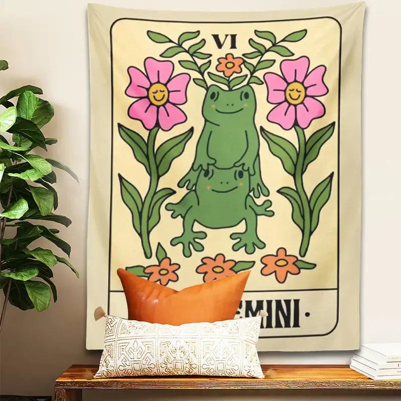 Beige wall tapestry featuring a gemini frog constellation design with two green frogs and floral accents for bedroom decorbites decor