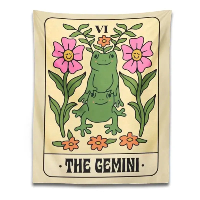 Beige tapestry wall hanging featuring gemini frog constellation with two green frogs and floral decorbites gemini frog design