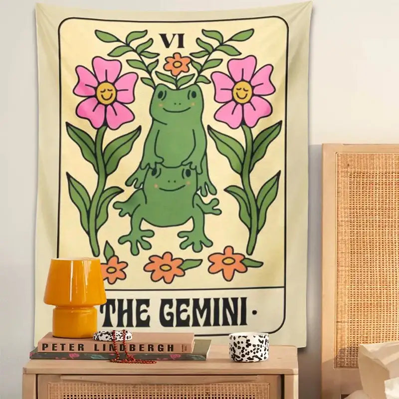 Boho cream gemini frog constellation wall hanging featuring a cheerful green frog on an off-white tapestry decorbites gemini frog