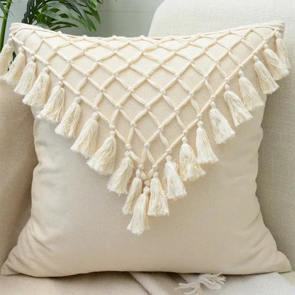 Cream-colored macrame cushion cover with diamond lace floral pattern and tassels for decorbites boho white decor