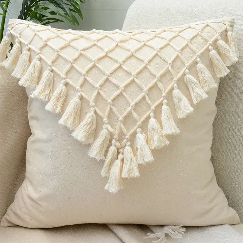 Cream-colored macrame cushion cover with diamond lace floral pattern and tassels for decorbites boho white decor