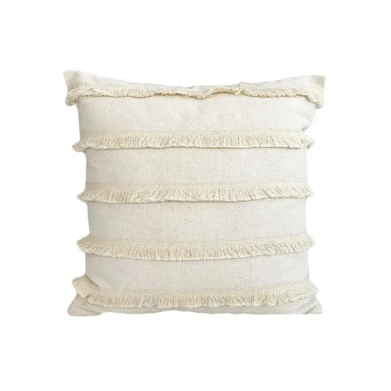 Boho cream lace floral cushion cover with horizontal fringed stripes in textured natural fabric for decorbites boho white decor