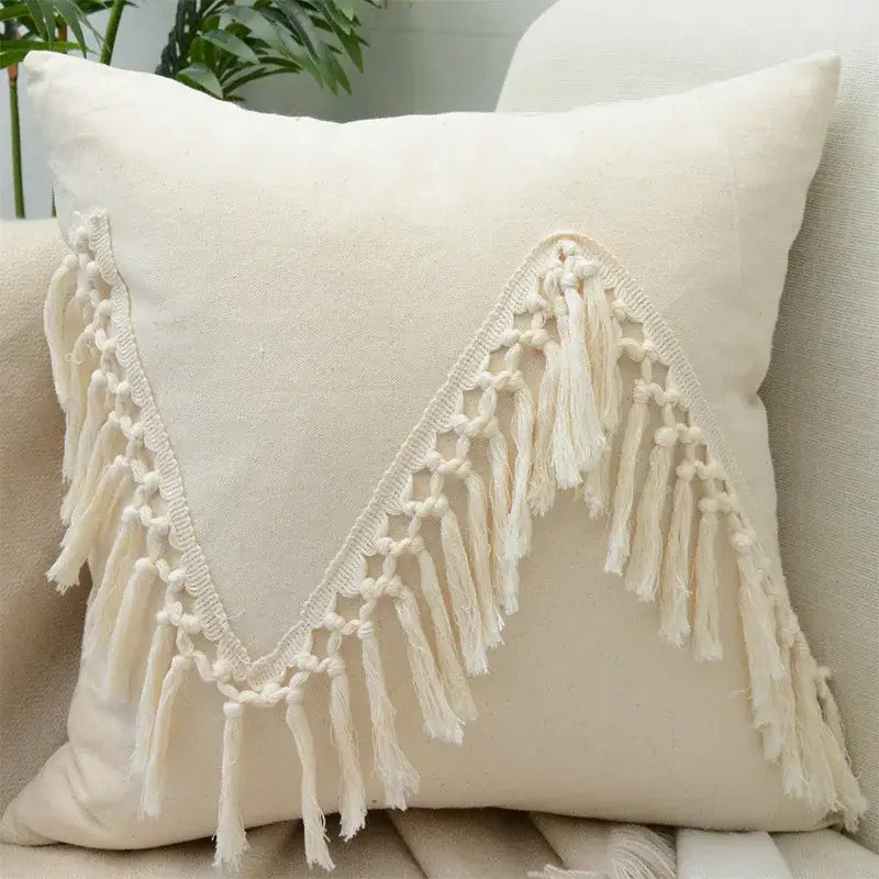 Cream-colored decorbites boho white cushion cover with lace floral macrame fringe and soft tassels for living room decor