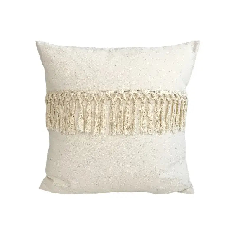 Cream-colored boho cushion cover with lace floral macrame fringe band by decorbites for living room decor