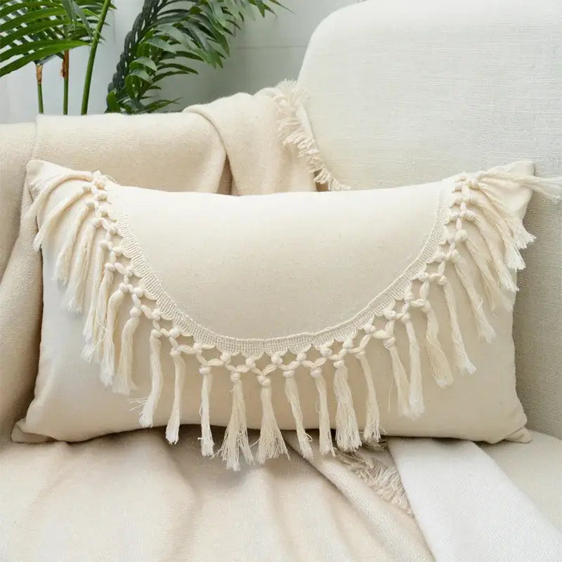 Boho cream lace floral cushion cover with macrame fringe detailing by decorbites boho white for living room decor