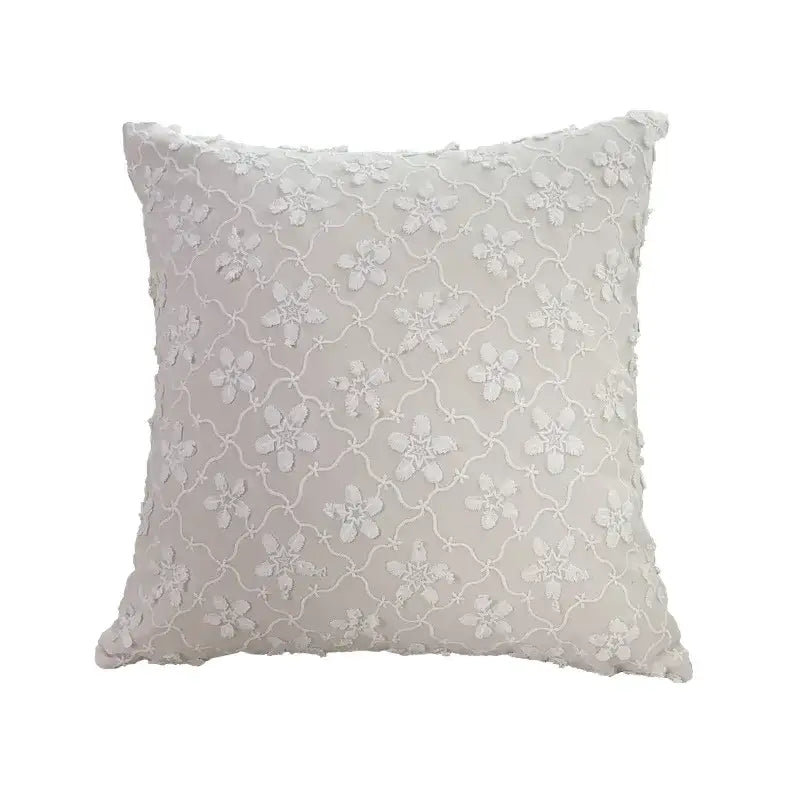 Boho cream lace floral cushion cover with delicate embroidery and pom pom trim for living room decorbites boho white decor