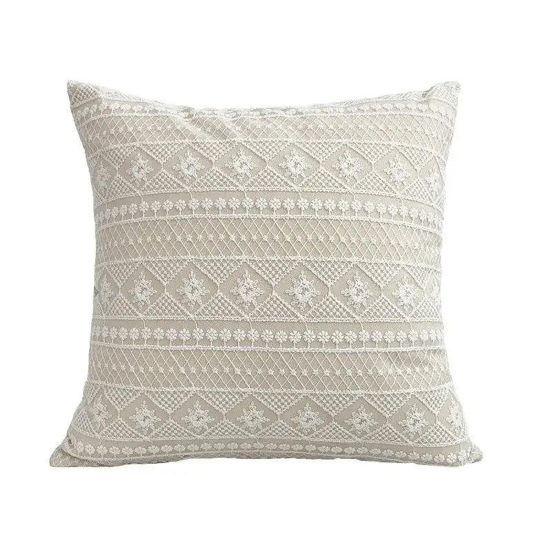 Boho cream lace floral cushion cover with delicate off-white lace pattern on soft beige fabric for living room decorbites boho white