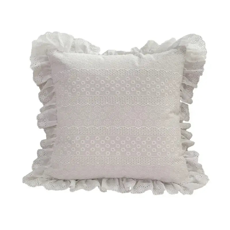 Boho cream lace floral cushion cover with white lace pillow featuring ruffled edges and delicate embroidery decorbites boho white