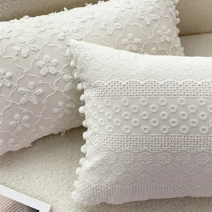 Boho cream lace floral cushion cover featuring white embroidered lace and pom pom trim for living room decorbites boho white
